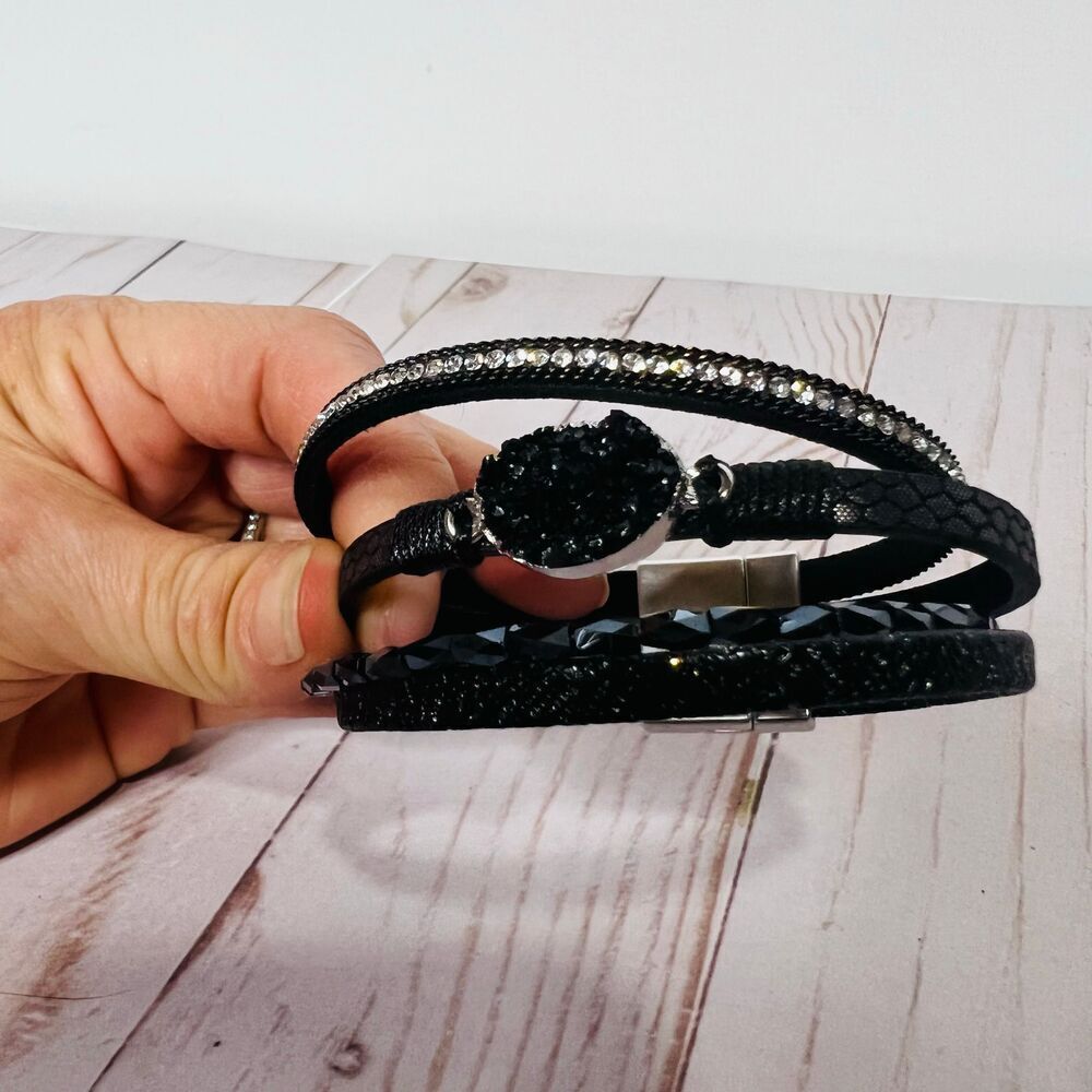 Black Multi Strand Druzy Hematite Gemstone Magnetic Wrap Cuff Bracelet
